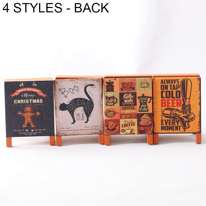 4pc Dollhouse Miniature Wooden Chalkboard Signs Set, Tiny Christmas Halloween Coffee Beer A-Frame Board, Micro Bar Cafe Scene OB11 Prop