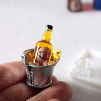 1/12 Dollhouse Miniature Wine Ice Bucket Set, Tiny Metal Pail Beer Bottle Toy, Micro Bar Club Outdoor Garden Drink Scene OB11 Accessory
